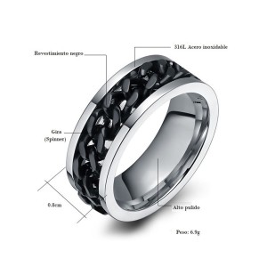 Anillo para hombre en acero inoxidable con spinner ondulado negro