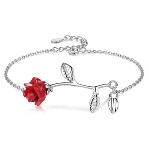 Pulsera brazalete rosa roja en plata