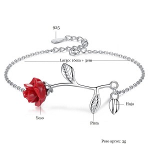 Pulsera brazalete rosa roja en plata