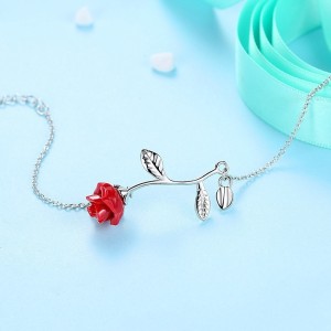 Pulsera brazalete rosa roja en plata Pulsera brazalete rosa roja en plata