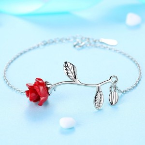 Pulsera brazalete rosa roja en plata Pulsera brazalete rosa roja en plata