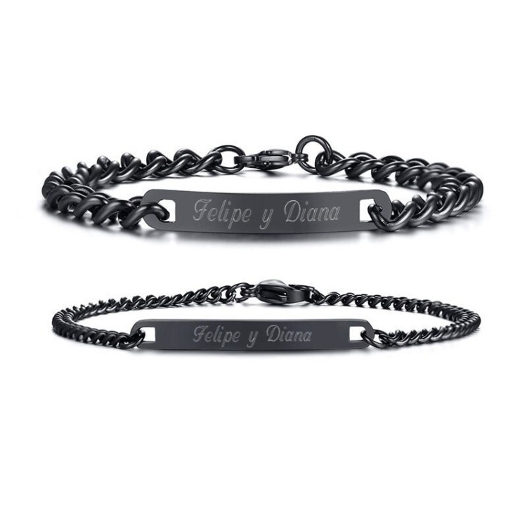 Brazaletes negros para parejas grabados en acero inoxidable Brazaletes negros para parejas grabados en acero inoxidable