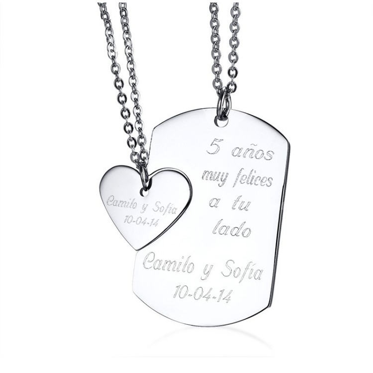 Collar con dijes para pareja de fichas de corazón en acero inoxidable Collar con dijes para pareja de fichas de corazón en acero inoxidable