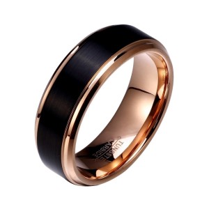 Argollas de matrimonio en tungsteno negro franja color oro rosado