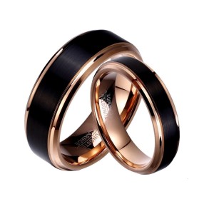 Argollas de matrimonio en tungsteno negro franja color oro rosado