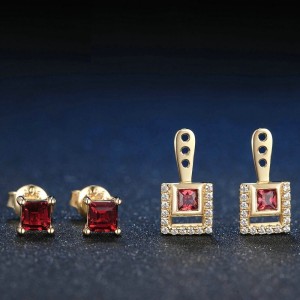 Aretes elegantes granate 2 en 1 en plata